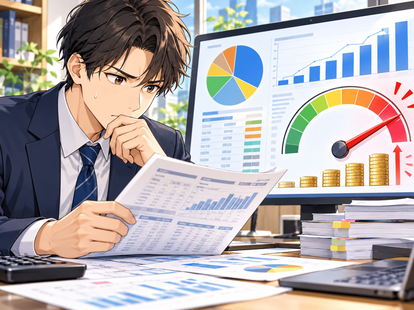配当性向や財務を分析している投資家のイメージ