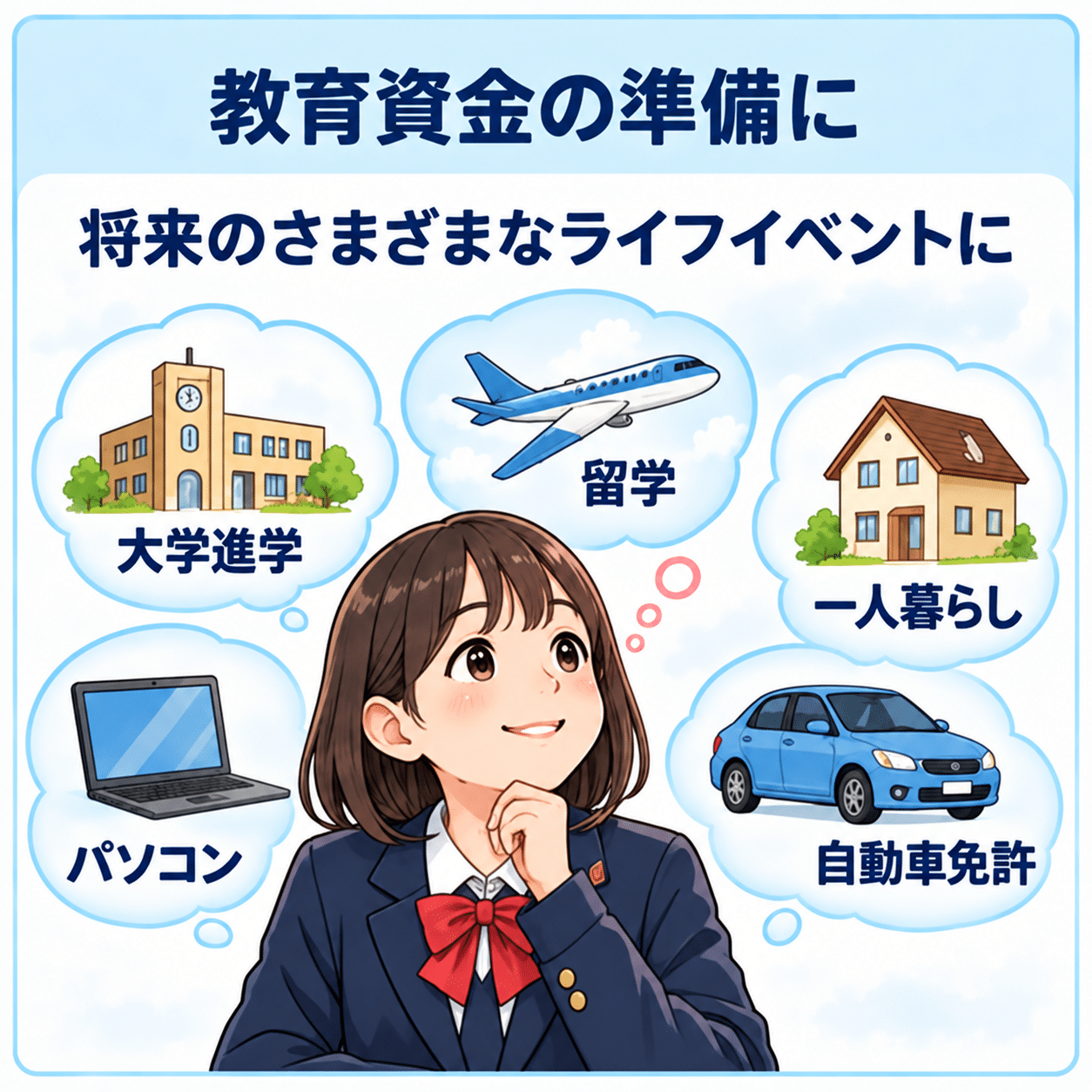 大学進学や一人暮らし、留学など教育資金のイメージ