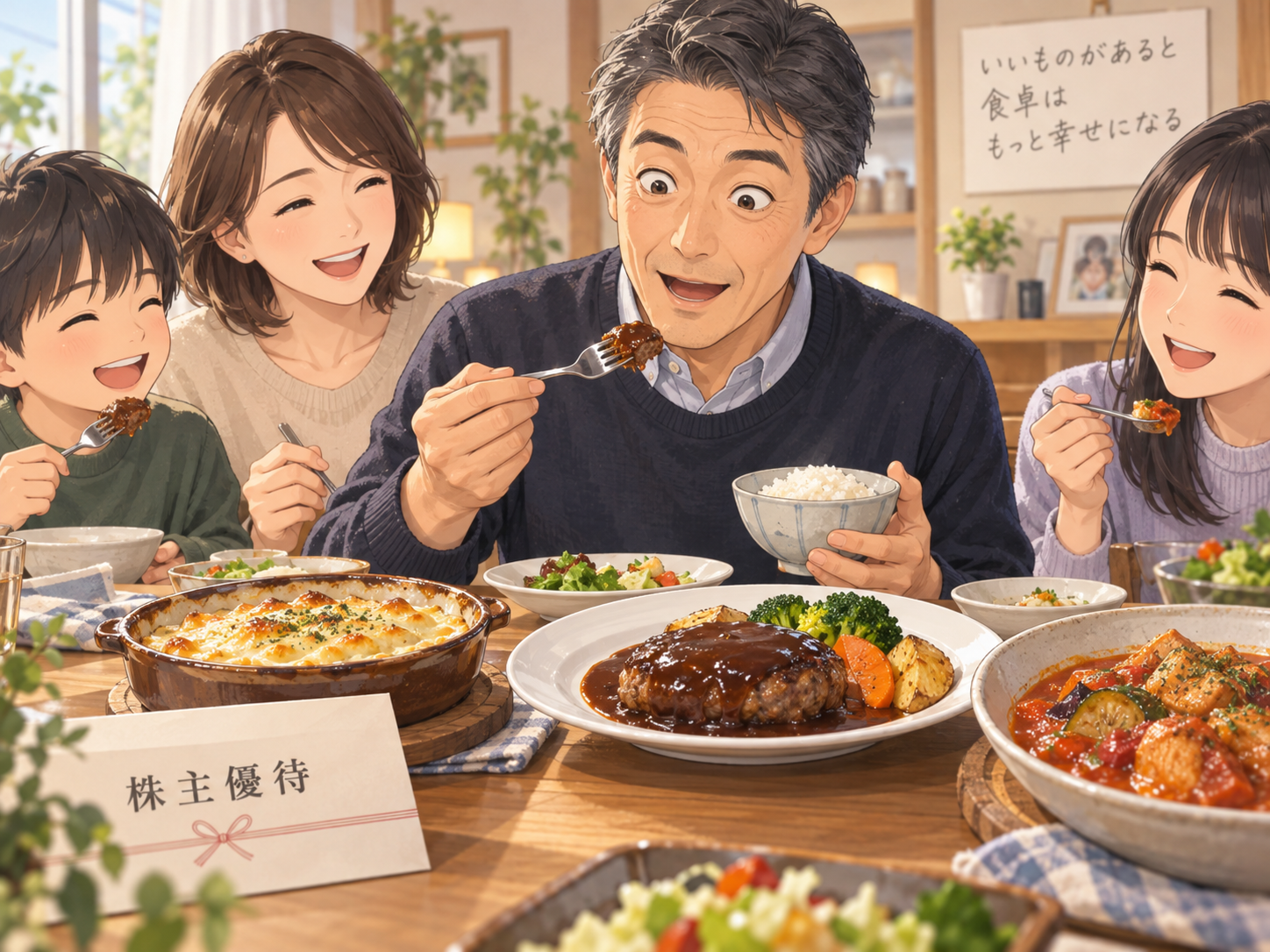 ファンデリーの株主優待でもらった冷凍食品を家族で楽しむ様子