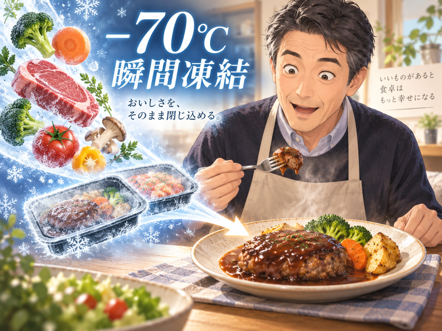 マイナス70度瞬間凍結をイメージした冷凍食品の挿絵