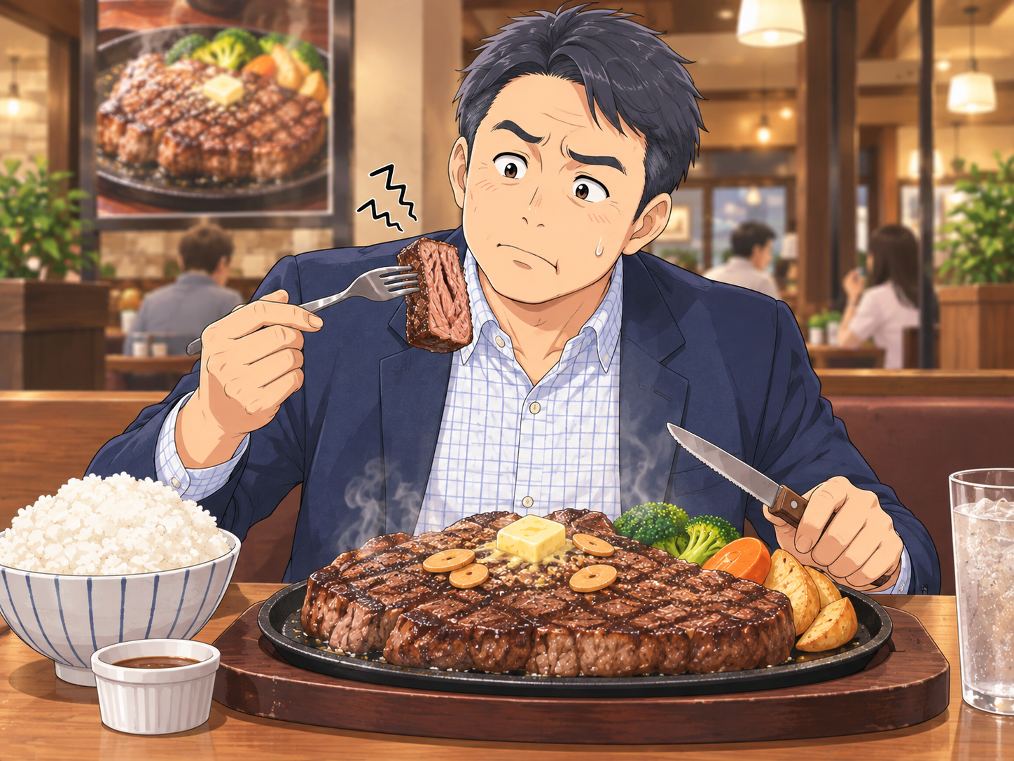 ボリュームのあるステーキの硬さに困惑する男性のイメージ