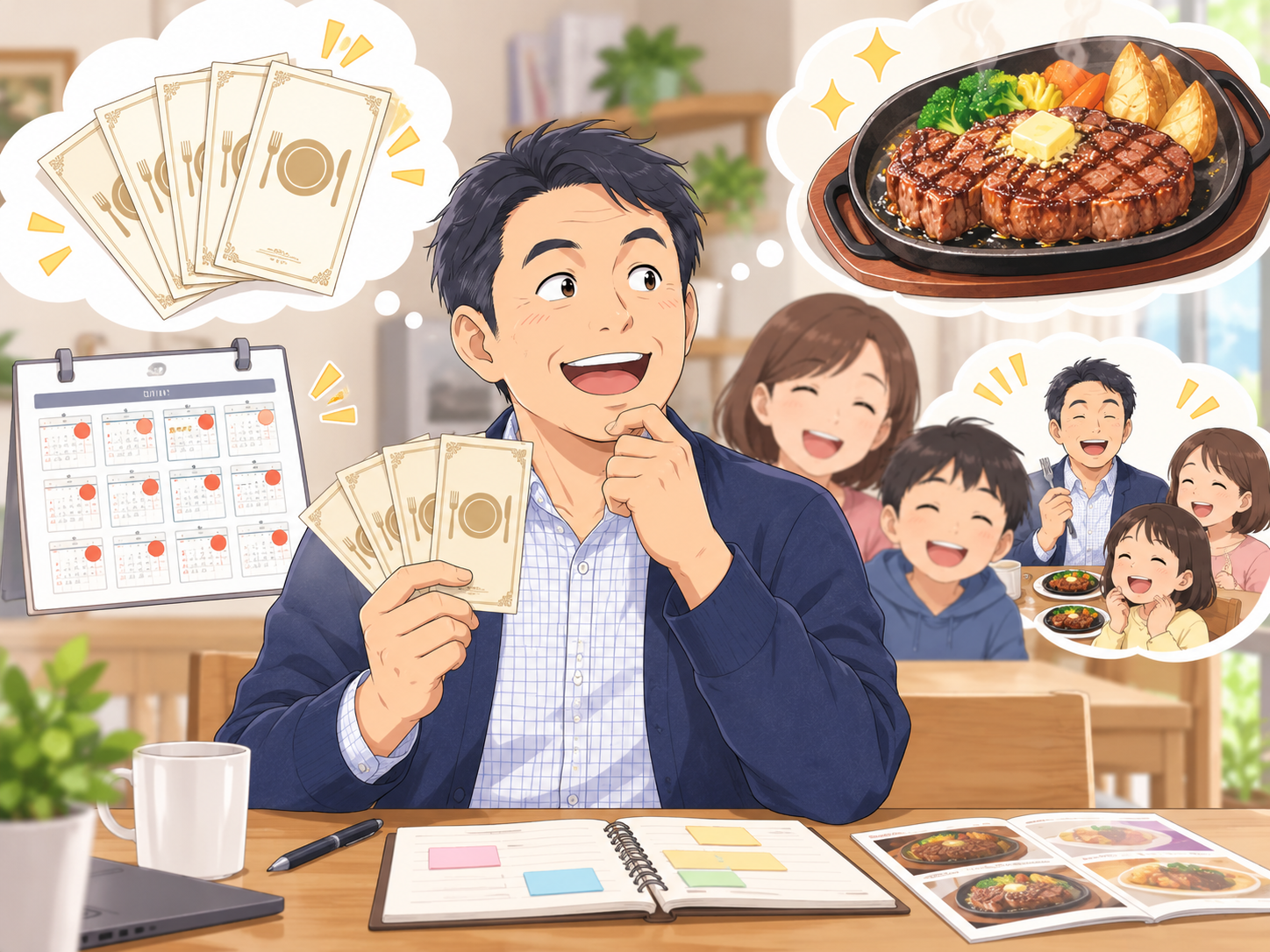 株主優待券を家族でどのように使うか考える男性のイメージ