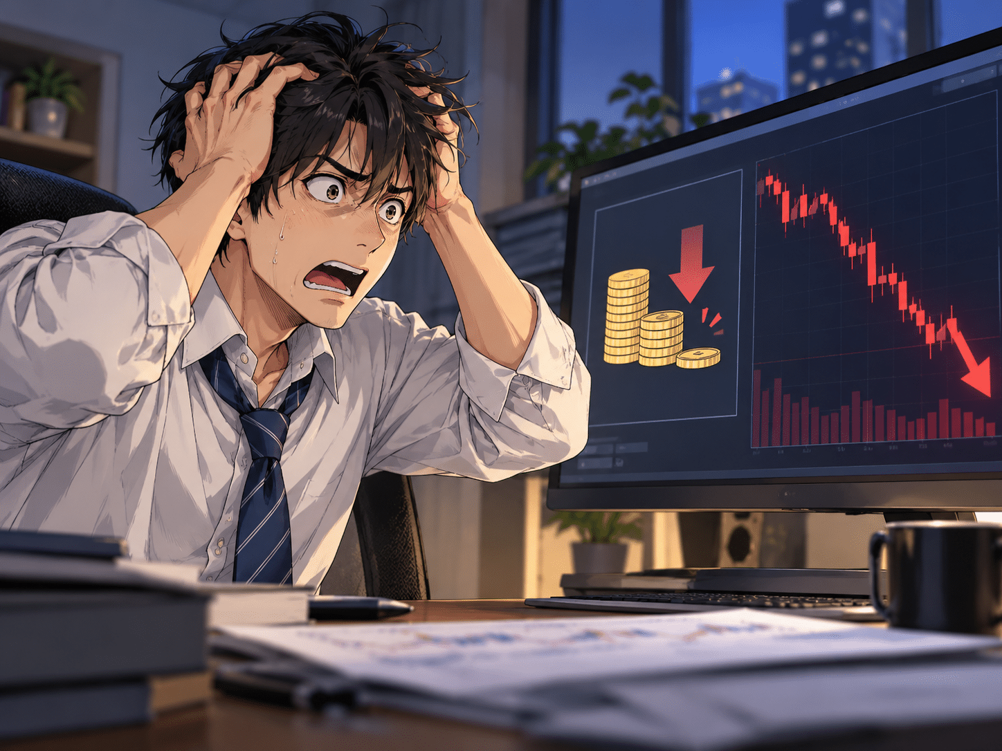 減配と株価下落にショックを受ける投資家のイメージ