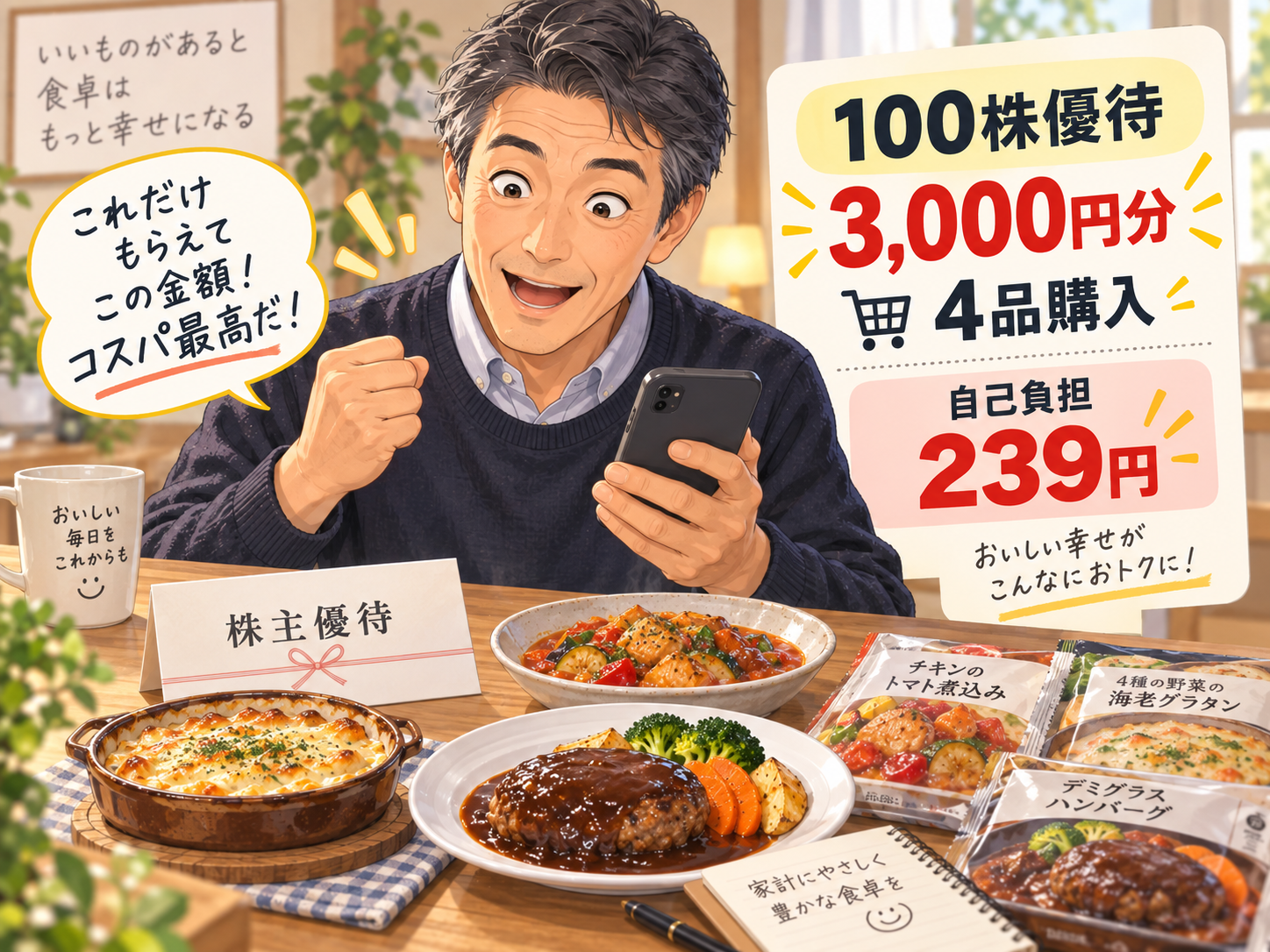 100株で3000円分の株主優待ポイントを使い自己負担239円で購入したイメージ
