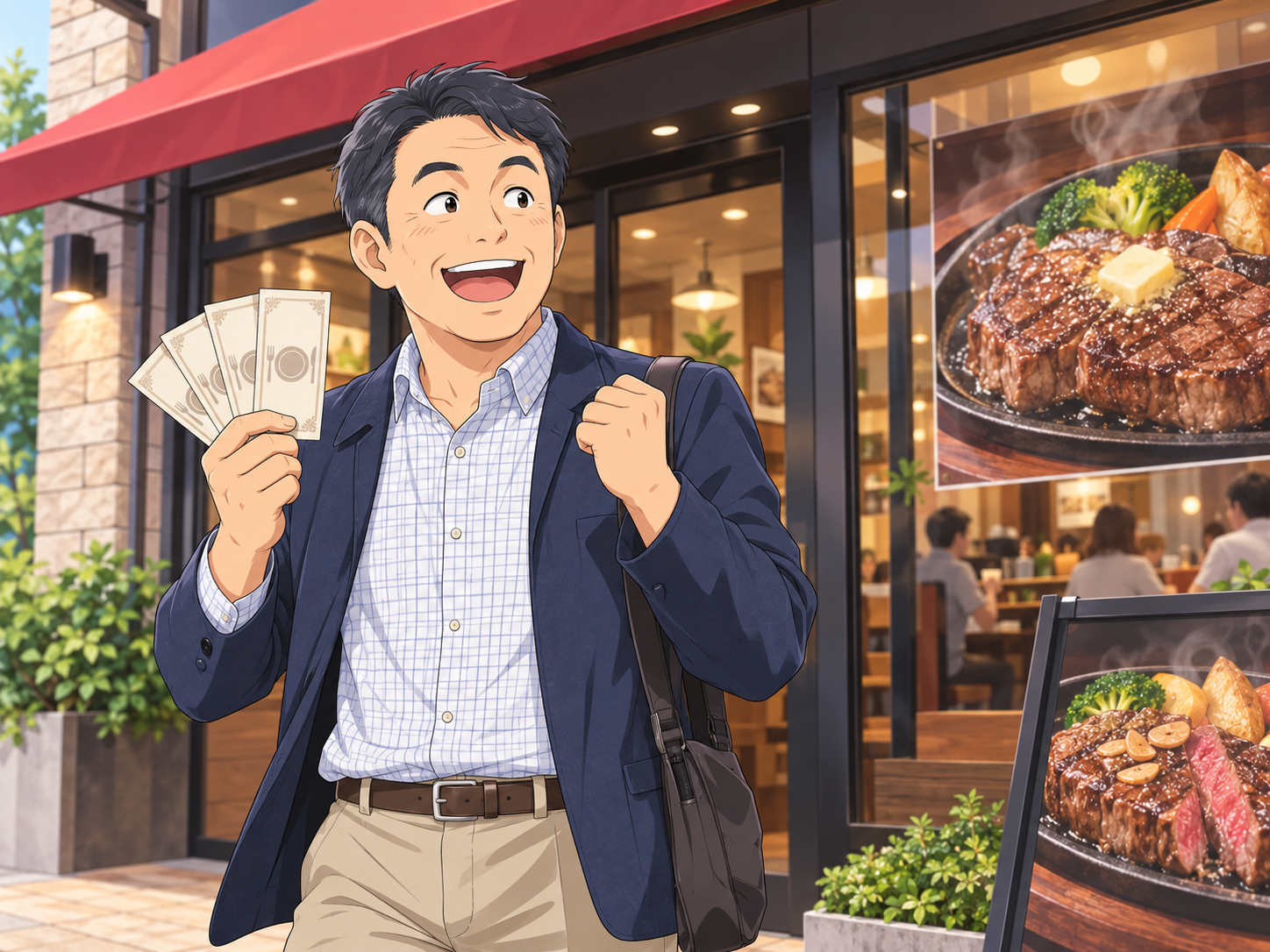 株主優待券を持ってステーキ店を訪れる男性のイメージ