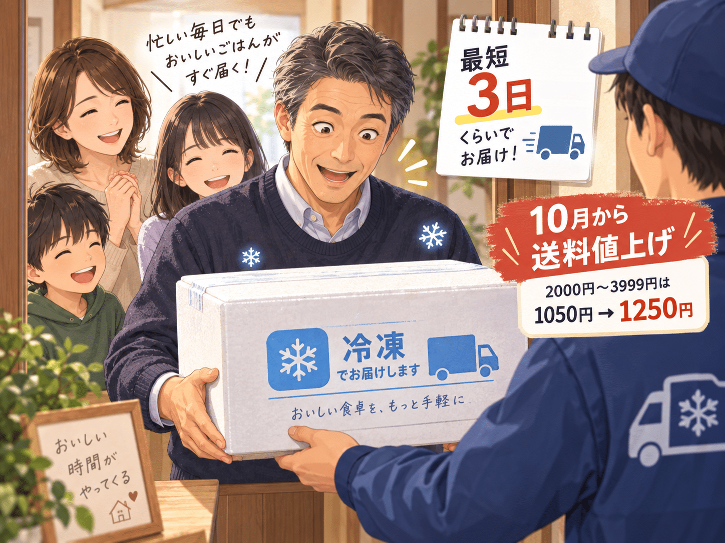 冷凍便の到着日数と10月からの送料値上げを説明する挿絵
