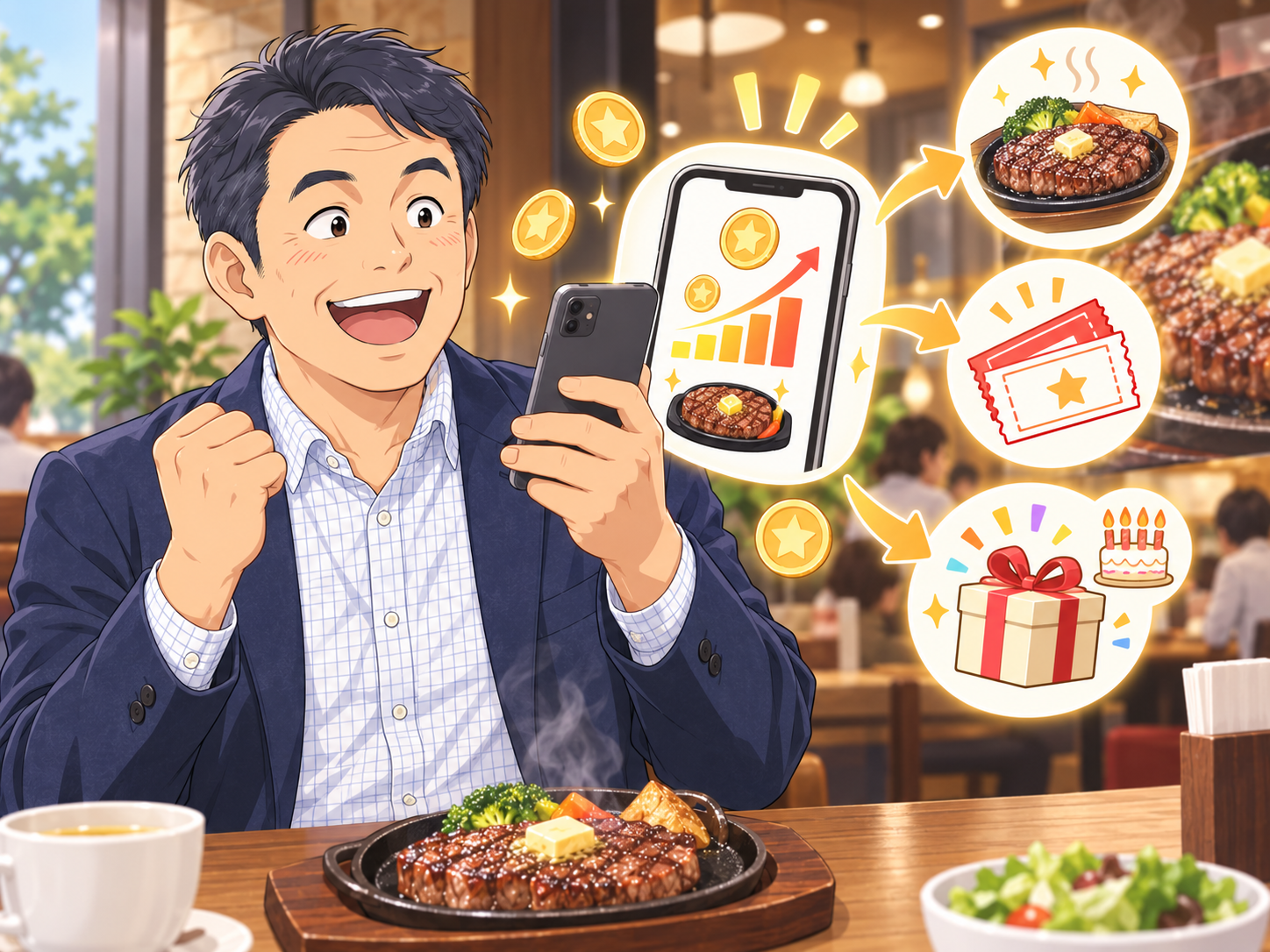 ステーキを食べながらアプリのポイント獲得を喜ぶ男性のイメージ