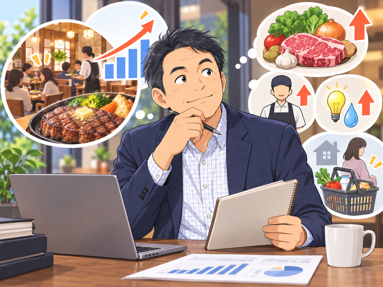 業績改善と原材料費や人件費などのリスクを分析する投資家のイメージ